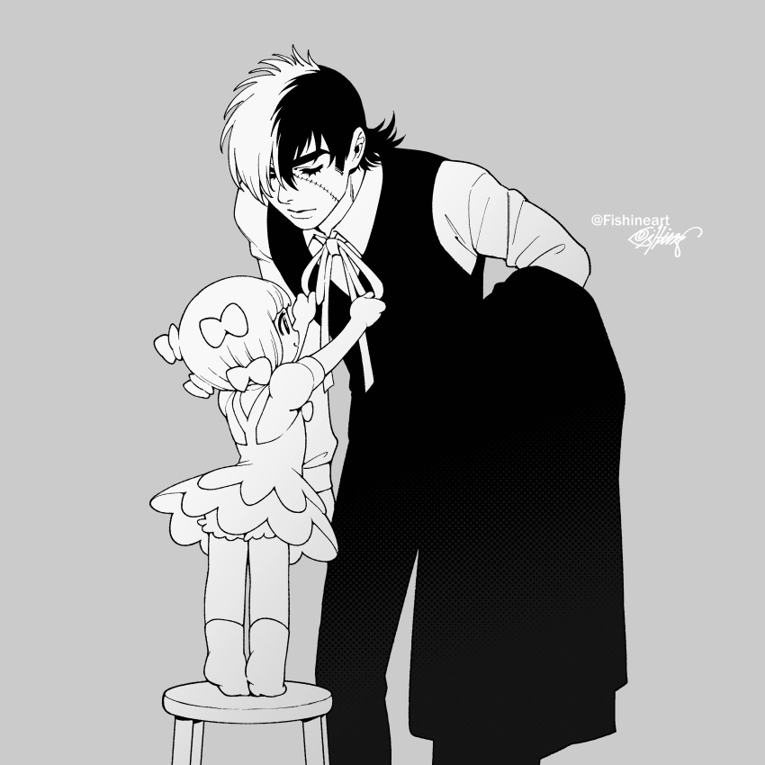 1boy 1girl absurdres adjusting_clothes adjusting_neck_ribbon artist_name bare_legs black_hair black_jack_(character) black_jack_(series) black_jacket black_pants black_vest bloomers bob_cut chair child chinese_commentary closed_eyes closed_mouth collared_shirt commentary commentary_request dress dress_shirt english_commentary facing_another facing_to_the_side feet_out_of_frame fishine from_behind from_side full_body grey_background greyscale_with_colored_background hair_ribbon highres holding holding_jacket holding_unworn_clothes jacket leaning_forward looking_at_another medium_hair microskirt mixed-language_commentary multicolored_hair neck_ribbon on_chair pants pinoko ribbon shirt short_hair signature skirt smile socks standing standing_on_chair stitched_face stitches stool tiptoes two-tone_hair underwear unworn_jacket upskirt variant_set vest white_hair white_shirt white_socks