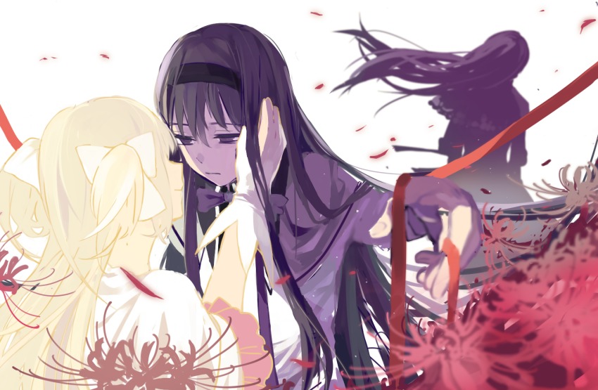 10s 2girls 3girls akemi_homura akemi_homura_(magical_girl) black_hairband blurry depth_of_field empty_eyes floating_hair flower gloves hairband half-closed_eyes hand_on_another&#039;s_cheek hand_on_another&#039;s_face kaname_madoka long_hair mahou_shoujo_madoka_magica mahou_shoujo_madoka_magica:_hangyaku_no_monogatari multiple_girls outstretched_hand red_ribbon ribbon spider_lily spoilers two_side_up ultimate_madoka very_long_hair white_background white_gloves wind zgxuke