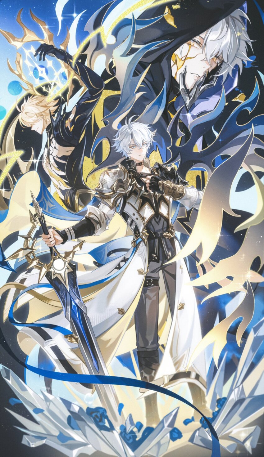 3boys alternate_form antenna_hair armor asymmetrical_wings black_choker black_cloak black_gloves black_shirt black_wings blonde_hair blue_cape blue_eyes cape choker clawed_gauntlets cloak coat commentary cracked_skin dark_persona fingerless_gloves floating_cape gloves hair_between_eyes halo halo_behind_head highres hoki11 holding holding_sword holding_weapon honkai:_star_rail honkai_(series) hood hood_up hooded_cloak male_focus material_growth multiple_boys multiple_persona parted_bangs pauldrons phainon_(honkai:_star_rail) shirt short_hair shoulder_armor single_glove single_pauldron sword torn_clothes torn_shirt weapon white_coat white_hair wings yellow_blood yellow_eyes yellow_wings