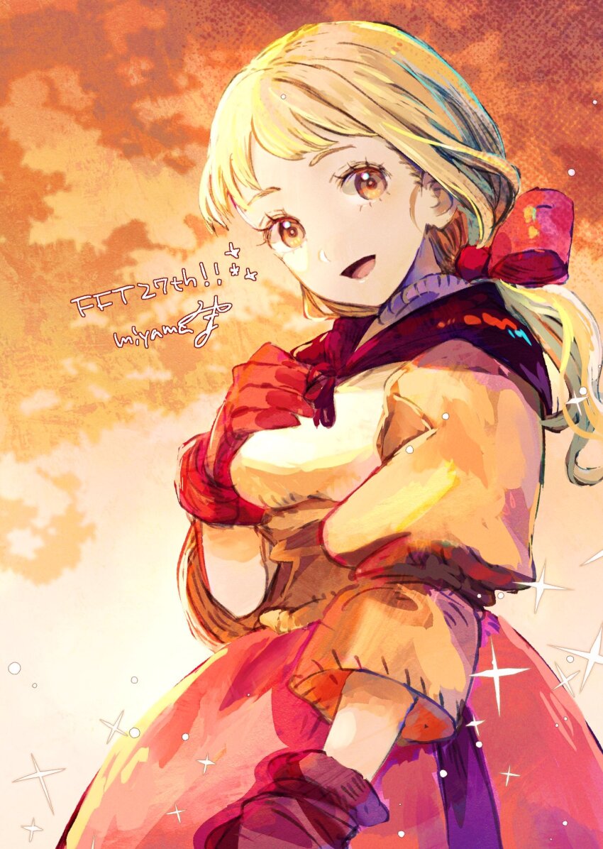 1girl alma_beoulve anniversary blonde_hair breasts brown_eyes brown_gloves brown_shirt dawn dress final_fantasy final_fantasy_tactics gloves hair_ornament highres long_hair long_skirt looking_at_viewer medium_breasts miyama_(lacrima01) ponytail red_skirt ribbon shirt signature skirt smile solo