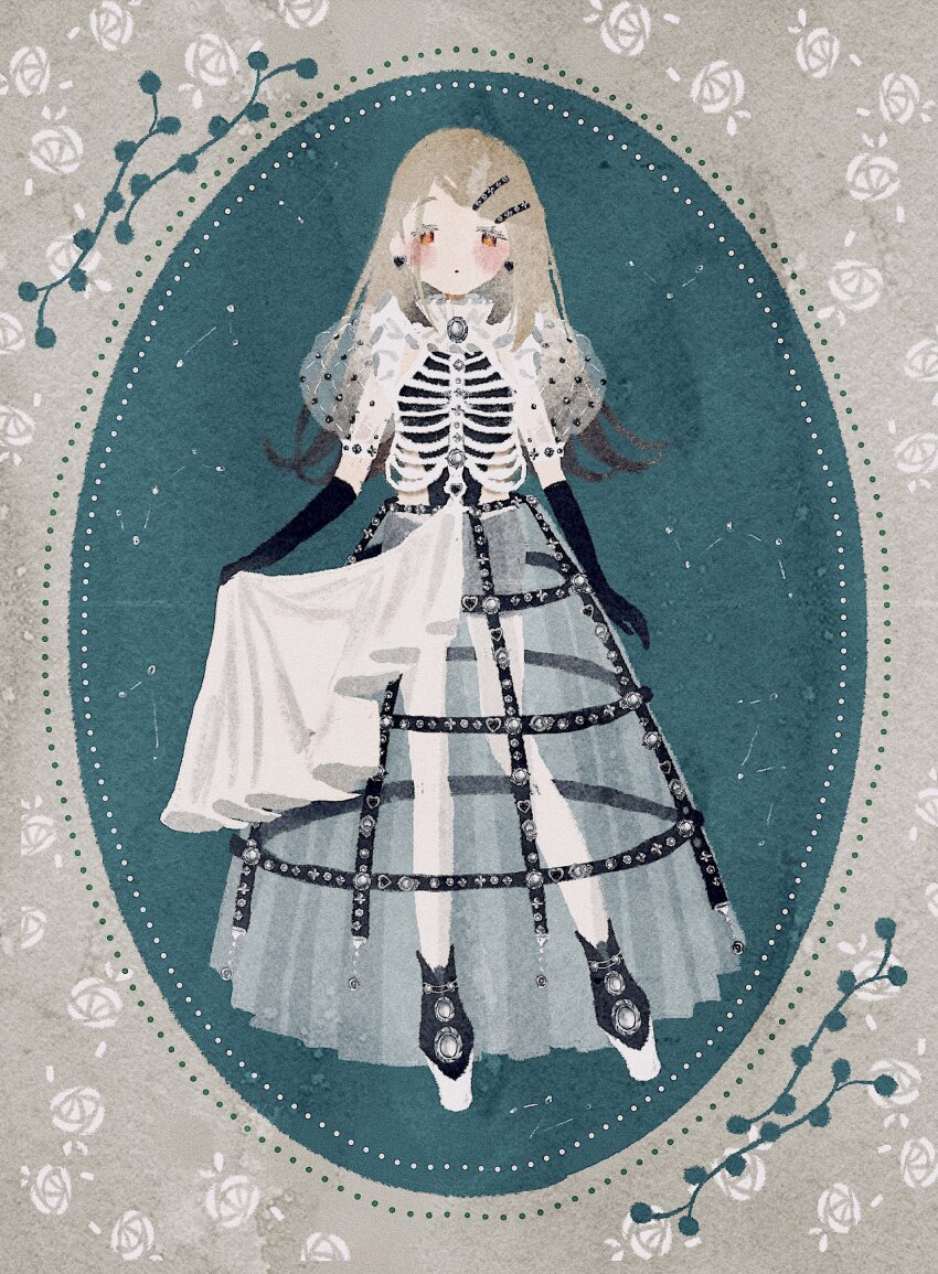 1girl 4jirou absurdres alternate_costume black_gloves black_hair black_leotard black_shorts blue_background border brooch brown_hair closed_mouth colored_tips constellation constellation_request crinoline dot_mouth earrings elbow_gloves floral_border frilled_shirt_collar frills gakuen_idolmaster gloves grey_border hair_ornament hairclip heart heart_earrings highleg highleg_leotard highres idolmaster jewelry leotard long_hair long_skirt looking_at_viewer multicolored_hair orange_eyes oval_background overskirt puffy_short_sleeves puffy_sleeves ribs see-through_clothes see-through_skirt see-through_sleeves shinosawa_hiro shirt short_sleeves shorts skirt skirt_hold solo swept_bangs tareme white_shirt white_skirt