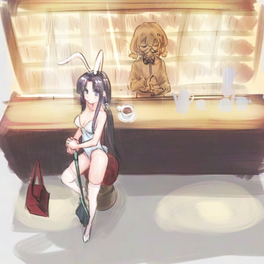 2girls animal_ears awa_subaru black_hair breasts broom commentary cup fake_animal_ears fake_facial_hair fake_mustache fake_tail girls_band_cry highres holding holding_broom iseri_nina leotard long_hair medium_breasts multiple_girls parted_bangs purple_eyes rabbit_ears rabbit_tail shoes sidelocks strapless strapless_leotard tail thighhighs tomare_(akashingou) white_leotard white_shoes white_thighhighs