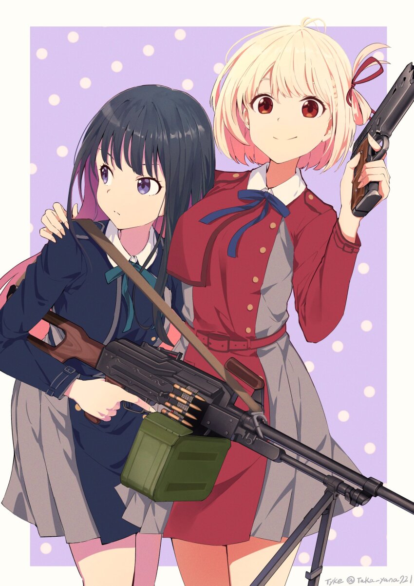 2girls arm_around_shoulder artist_name belt black_hair blonde_hair blue_dress blue_ribbon bob_cut border closed_mouth collared_shirt colored_inner_hair commentary_request cowboy_shot dress finger_on_trigger green_ribbon grey_dress gun hair_ribbon hand_on_another&#039;s_shoulder handgun highres holding holding_gun holding_weapon inoue_takina long_hair long_sleeves looking_at_viewer looking_to_the_side lycoris_recoil lycoris_uniform m1911 machine_gun multicolored_hair multiple_girls neck_ribbon nishikigi_chisato outside_border pkm pleated_dress purple_background purple_eyes purple_hair red_belt red_dress red_eyes red_ribbon ribbon shirt short_hair smile split_mouth standing taka.yana trigger_discipline twitter_username two-tone_dress two-tone_hair very_long_hair weapon white_border white_shirt