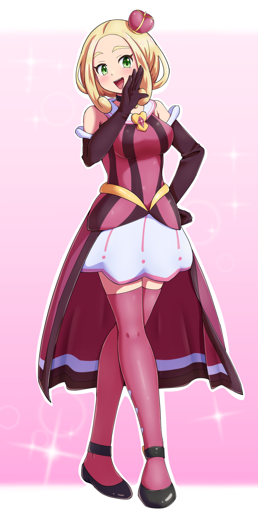 1girl :d absurdres bare_shoulders blonde_hair commission cosplay crown elbow_gloves full_body game_freak gloves green_eyes hand_on_own_hip hand_up happy highres maho_(corotonton5150) mini_crown nintendo ojou-sama_pose open_mouth pink_background pink_shirt pink_thighhighs pixiv_commission pokemon pokemon_masters_ex pokemon_xy shirt shoes sidelocks skirt sleeveless sleeveless_shirt smile solo sonia_(pokemon) sonia_(pokemon)_(cosplay) sonia_(special_costume)_(pokemon) sparkle standing thighhighs viola_(pokemon) waist_cape white_skirt