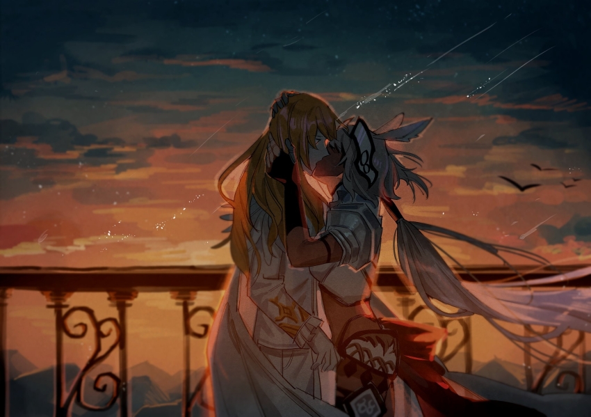 1boy 1girl animal_ears armor bird black_gloves blonde_hair blurry caenis_(fate) caenis_(second_ascension)_(fate) cape dark-skinned_female dark_skin depth_of_field elbow_gloves fate/grand_order fate_(series) feathers formal_clothes frilled_sleeves frills from_side gauntlets gloves gold_trim hair_between_eyes hands_on_another&#039;s_head hands_up headpiece hetero highres horse_ears jacket kirschtaria_wodime kiss light_particles lim_(r1m_1031) long_hair long_sleeves looking_at_another midriff mountainous_horizon outdoors pants pauldrons ponytail ponytail_holder profile railing shoulder_armor side_cape sky suit sunset surprise_kiss surprised waist_cape white_cape white_feathers white_gloves white_hair white_jacket white_pants white_suit
