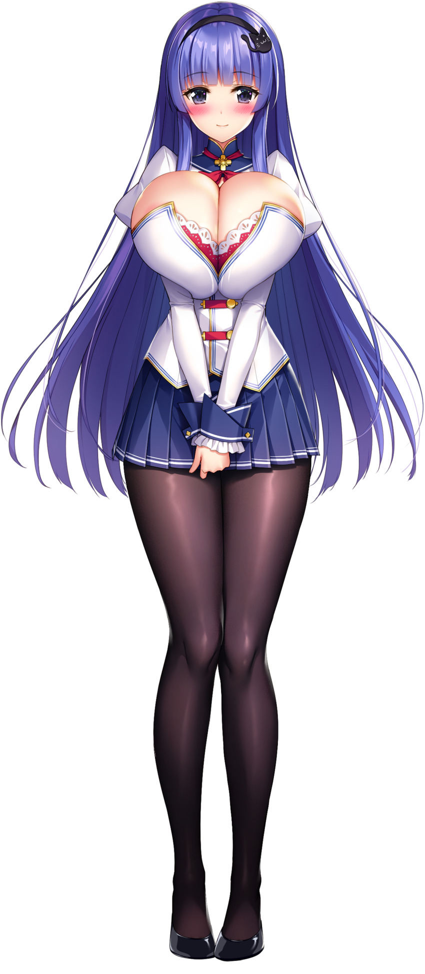 1girl absurdres black_hairband black_pantyhose black_shoes blue_eyes blue_hair blue_skirt blunt_bangs blush breasts breasts_squeezed_together cat_hair_ornament cleavage cleavage_cutout closed_mouth clothing_cutout derauea full_body game_cg hair_ornament hairband hands_on_lap high_heels highres hime_cut huge_breasts juliet_sleeves long_hair long_sleeves looking_at_viewer milk_factory motto!_haramase!_honoo_no_oppai_chou_ero_appli_gakuen! navel non-web_source own_hands_together pantyhose pleated_skirt puffy_sleeves saionji_nanako shiny_skin shirt shoes sidelocks skirt smile solo sprite standing tachi-e transparent_background white_shirt