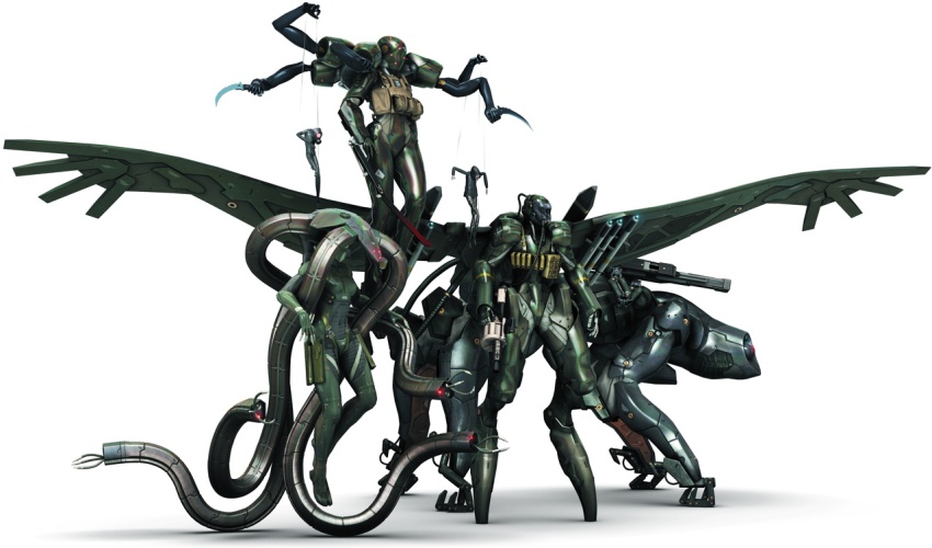 3d 4girls anti-materiel_rifle armor beauty_and_beast_corps cannon crying_wolf doll exoskeleton female_focus grenade_launcher gun knife laughing_octopus magnetic_weapon mecha metal_gear_(series) metal_gear_solid_4:_guns_of_the_patriots military milkor_mgl multiple_girls power_suit puppet raging_raven railgun revolver_grenade_launcher rifle robot screaming_mantis simple_background sniper_rifle tentacles weapon wings