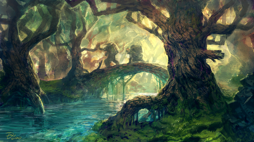 2boys backpack bag branch bridge dannoura_yuuki fog forest grass hat log male_focus multiple_boys nature original river signature sunlight tree water wetland