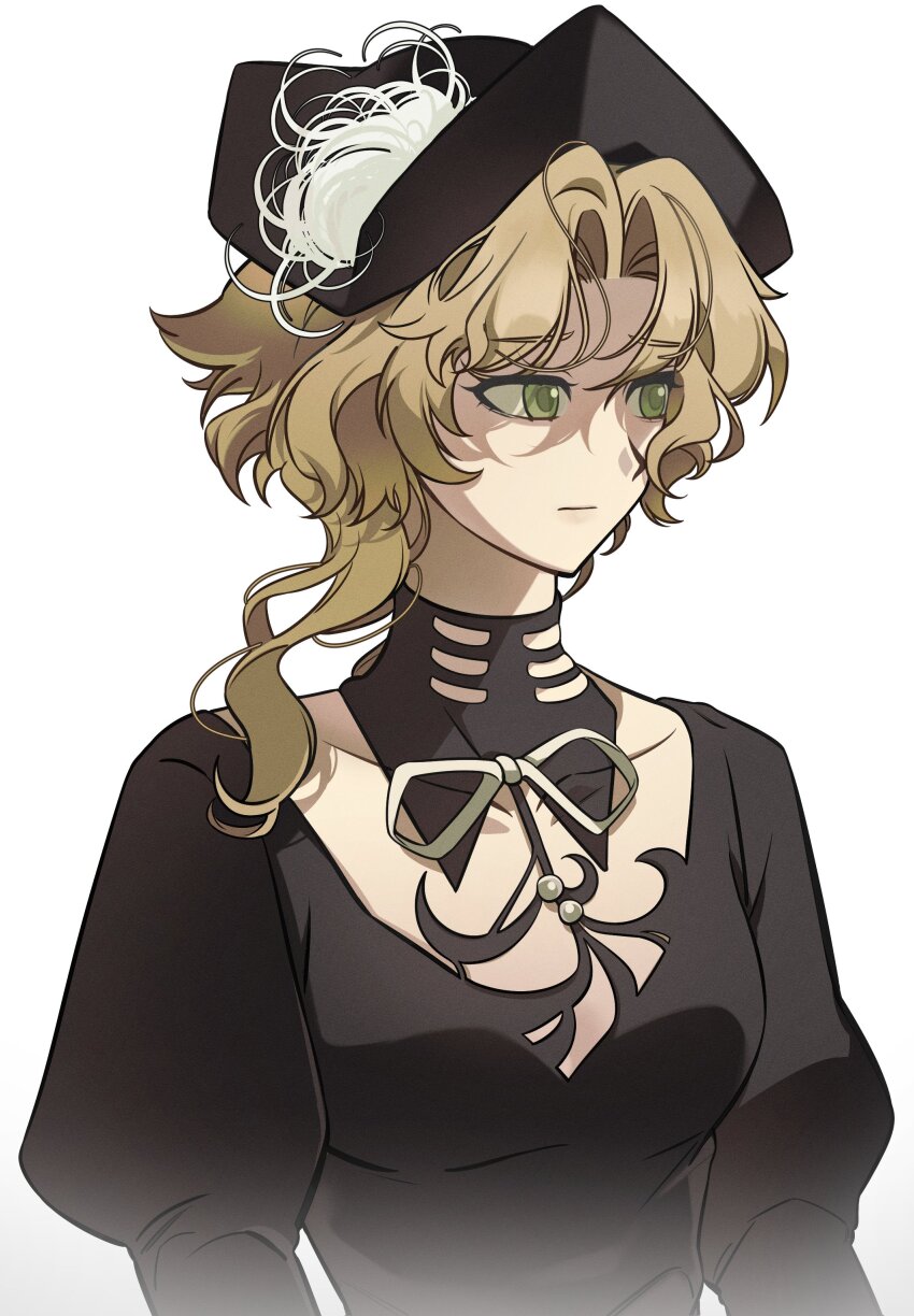1girl :| absurdres black_dress black_hat blonde_hair closed_mouth dress druvis_iii green_eyes hat hat_feather highres juliet_sleeves long_sleeves looking_to_the_side puffy_sleeves reverse:1999 short_hair solo unhyang upper_body white_background
