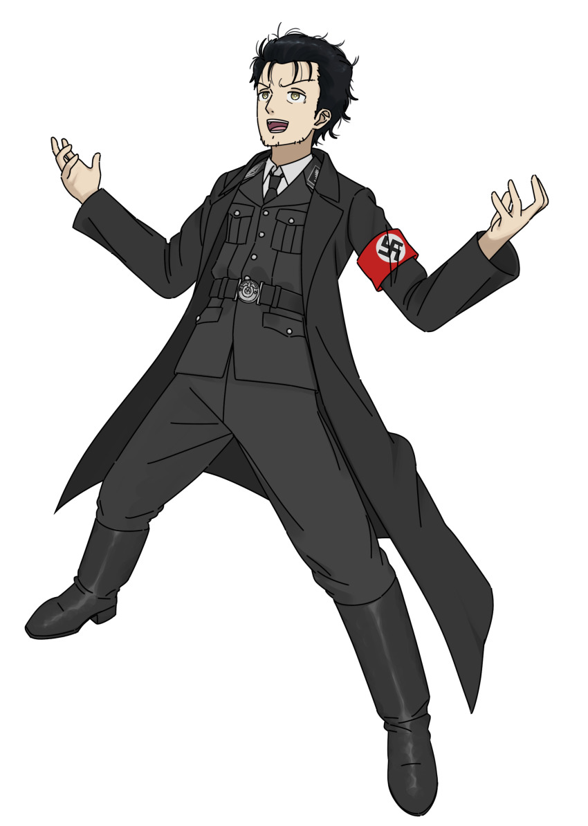1boy absurdres armband belt black_belt black_boots black_cat03 black_coat black_hair black_pants boots breast_pocket coat collar collar_tabs german_army germany highres jacket military_dress_uniform military_jacket military_uniform nazi nazi_flag necktie okabe_rintarou pants pocket red_armband reichsadler short_hair ss_insignia ss_uniform steins;gate swastika waffen-ss world_war_ii yellow_eyes