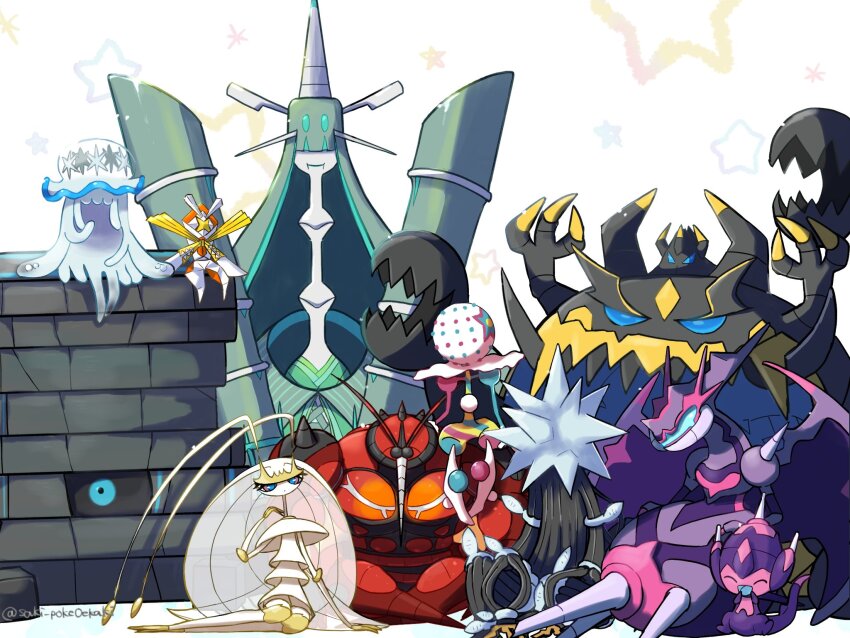 ^_^ absurdly_long_hair antennae arthropod_boy arthropod_girl bamboo blacephalon blue_eyes blue_polka_dots blue_pom_poms blue_pupils blunt_bangs brick brick_wall bug buzzwole cable celesteela claws closed_eyes closed_mouth cockroach colored_sclera colored_skin crack diamond_(shape) diamond_print dot_mouth everyone extra_eyes gen_7_pokemon guzzlord hair_ornament hair_over_eyes hair_stick hand_up highres horns insect jellyfish joints kartana light_smile long_hair long_neck lotus_position mosquito muscular naganadel neck_ruff nihilego nintendo no_humans on_shoulder open_mouth origami pheromosa pink_polka_dots poipole pokemon pokemon_(creature) pokemon_on_shoulder polka_dot pom_pom_(clothes) proboscis purple_sclera purple_skin riding riding_pokemon saki_pokeoekaki sharp_teeth shoulder_spikes single_horn sitting smile spiked_hair spikes stakataka star_(symbol) stinger teeth translucent_hair ultra_beast very_long_hair white_hair white_skin wings wire xurkitree
