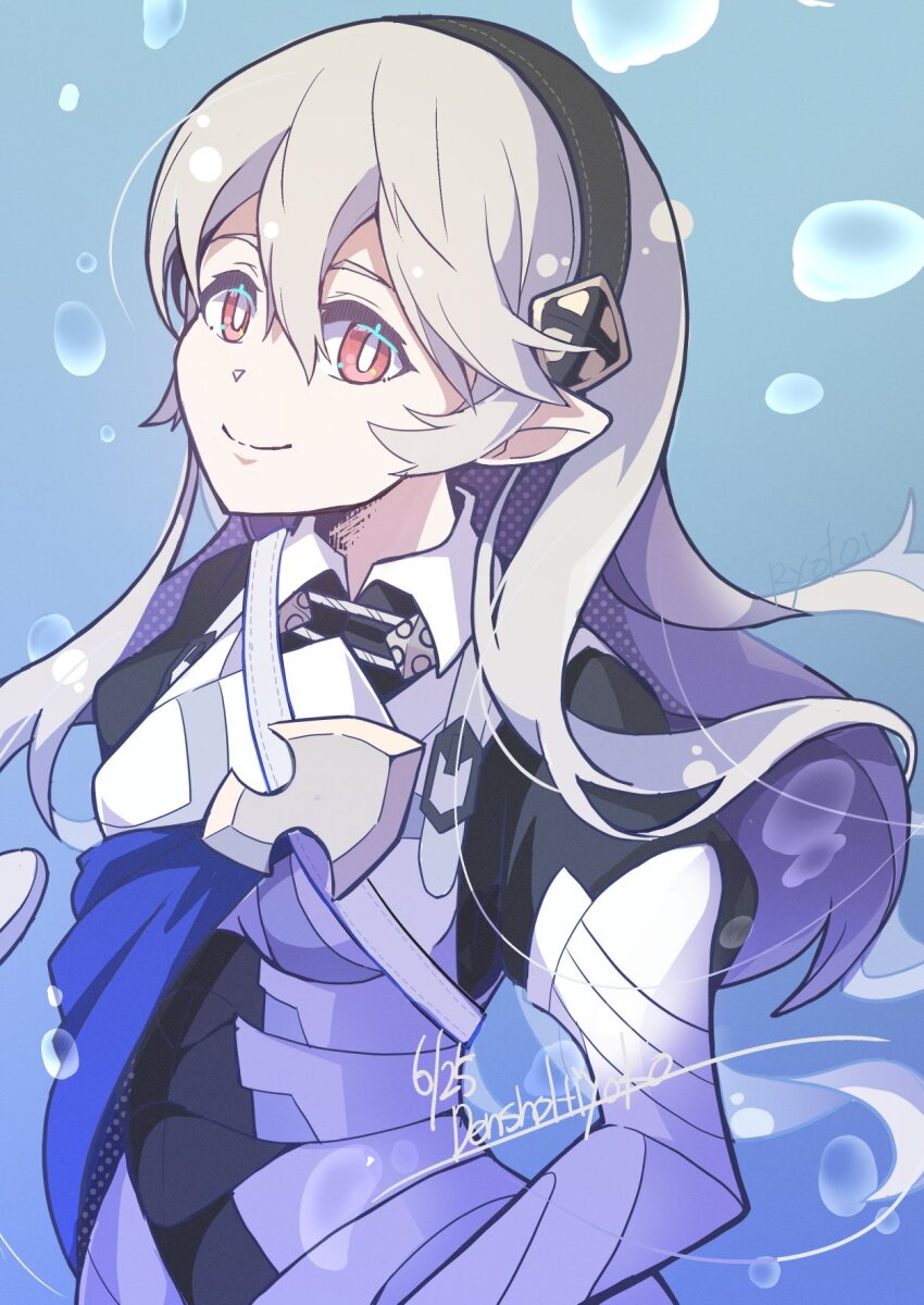1girl armor black_hairband breasts bubble closed_mouth female_corrin_(fire_emblem) fire_emblem fire_emblem_fates grey_hair hair_between_eyes hair_ornament hairband highres long_hair nintendo pointy_ears red_eyes ryoto_soukyuu smile solo upper_body water white_hair