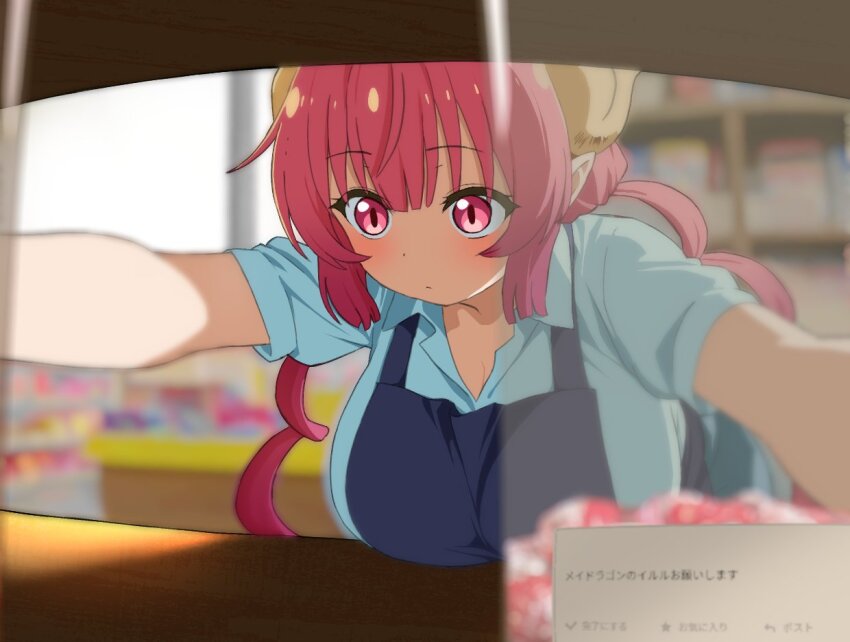1girl ahonoko apron blue_apron blue_shirt breasts dragon_girl dragon_horns employee_uniform horns huge_breasts ilulu_(maidragon) indoors kobayashi-san_chi_no_maidragon large_breasts long_hair red_eyes red_hair shirt short_sleeves solo twintails yellow_horns