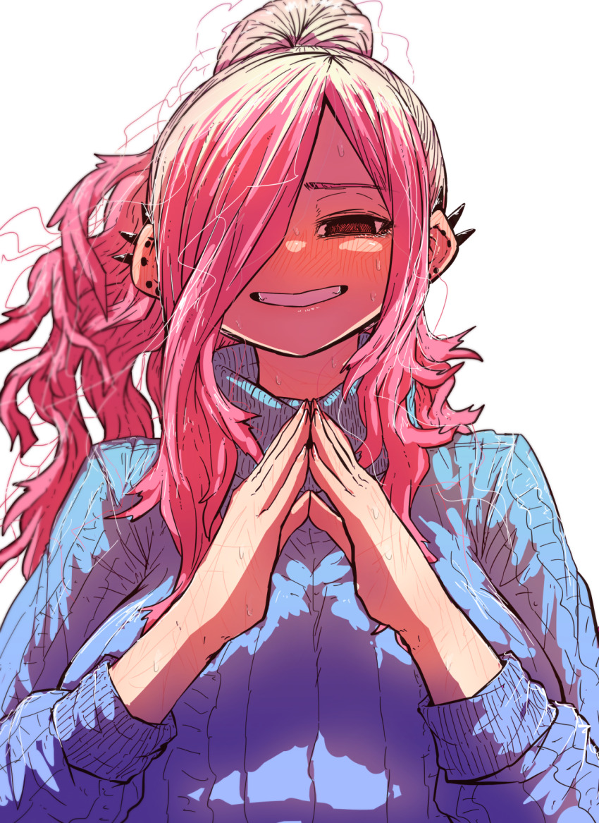 1girl @_@ alternate_hairstyle blue_sweater breasts dress ear_piercing highres jimoto_ni_kaettekitara_osananajimi_ga_kowareteta kyouko_(jimoto_ni_kaettekitara_osananajimi_ga_kowareteta) large_breasts long_hair looking_at_viewer multicolored_hair official_alternate_costume official_alternate_hairstyle own_hands_together piercing pink_hair ponytail ribbed_sweater shadow smile solo spiked_ear_piercing streaked_hair sweater sweater_dress white_background zyugoya