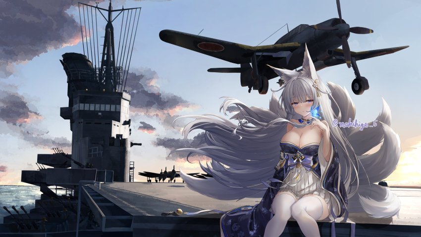 1girl absurdres aircraft animal_ear_fluff animal_ears anti-aircraft anti-aircraft_gun azur_lane b7a_ryuusei bare_shoulders blue_collar blue_eyes blue_kimono bomber breasts cleavage cloud cloudy_sky collar commentary_request evening feet_out_of_frame fox_ears fox_girl fox_tail grey_hair highres japanese_clothes kimono kitsune kyuubi large_breasts large_tail long_hair looking_at_viewer makihige multiple_tails outdoors personification shinano_(aircraft_carrier) shinano_(azur_lane) skirt_under_kimono sky solo tail thighhighs torpedo_bomber vehicle_and_personification vehicle_request very_long_hair water white_tail white_thighhighs world_of_warships