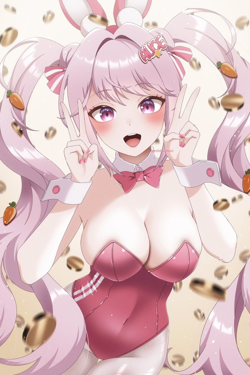 1girl :d alice_(nikke) alice_(wonderland_bunny)_(nikke) animal_ears bare_shoulders bow bowtie breasts carrot_hair_ornament cleavage collarbone detached_collar double_v fake_animal_ears fake_tail food-themed_hair_ornament goddess_of_victory:_nikke hair_between_eyes hair_intakes hair_ornament highres large_breasts leotard long_hair milmil7 nail_polish open_mouth pantyhose pink_bow pink_bowtie pink_eyes pink_hair pink_leotard pink_nails playboy_bunny rabbit_ears rabbit_tail sidelocks smile solo strapless strapless_leotard tail thigh_gap twintails twitter_username v white_pantyhose
