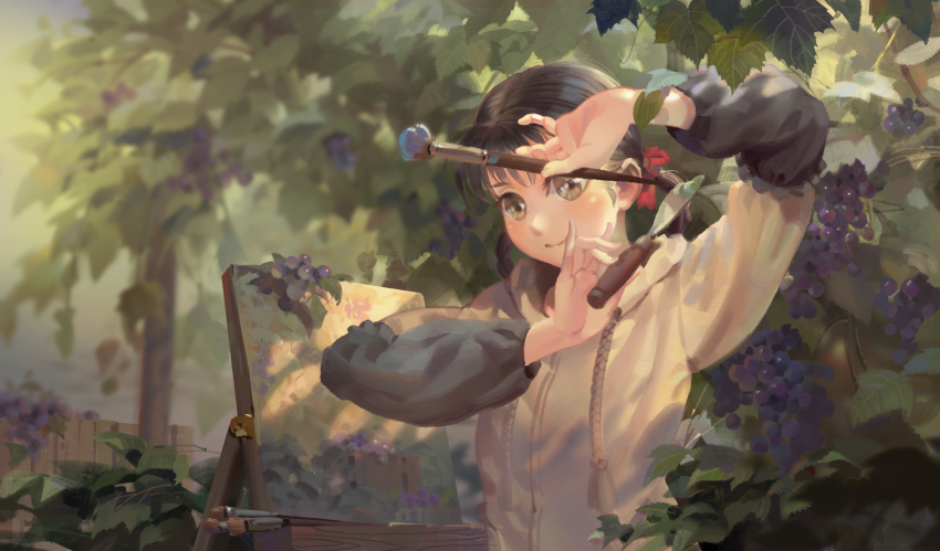 1girl absurdres art_brush braid brown_eyes brown_hair canvas_(object) closed_mouth day female_focus food fruit grapes hair_ribbon highres holding holding_paintbrush hood hood_down hoodie original outdoors paintbrush painting_(action) painting_(object) plant psi_(583278318) red_ribbon ribbon smile solo twin_braids twintails upper_body