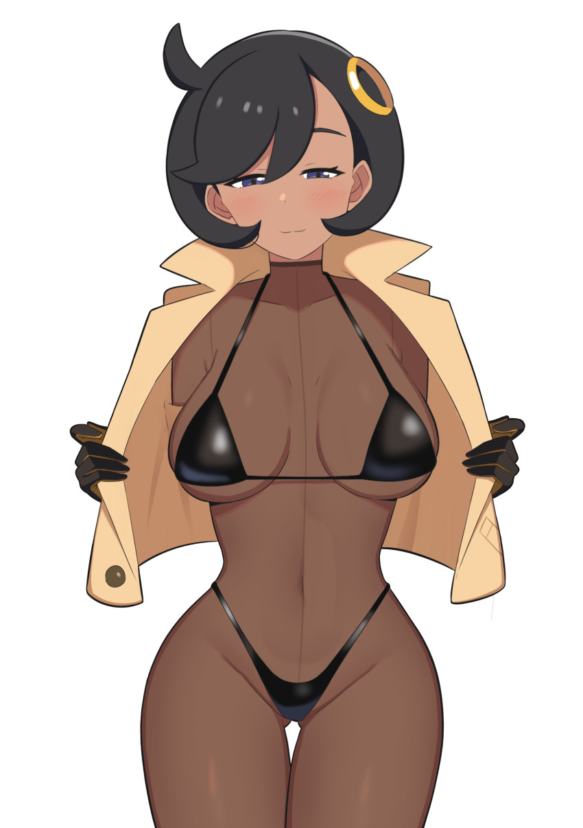 1girl :3 absurdres bikini black_bikini black_gloves black_hair blush bodystocking breasts closed_mouth covered_navel cowboy_shot emma_(pokemon) gloves gluteal_fold hair_ornament half-closed_eyes highleg highleg_bikini highres jacket large_breasts looking_at_viewer navel nintendo open_clothes open_jacket pokemon pokemon_legends:_z-a purple_eyes short_hair side_ahoge simple_background smile solo standing swept_bangs swimsuit thigh_gap white_background yellow_jacket yuuta_(yuuta0361)