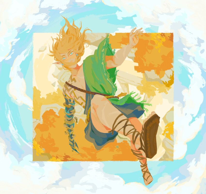 1boy archaic_set_(zelda) arm_up blonde_hair blue_eyes commentary covered_mouth ear_piercing earrings english_commentary falling floating_hair from_above gladiator_sandals green_tunic highres jewelry link long_hair male_focus multiple_scars nintendo pectorals piercing prosthesis prosthetic_arm sandals scar scar_on_chest scar_on_leg solo spearmintaii the_legend_of_zelda the_legend_of_zelda:_tears_of_the_kingdom tunic