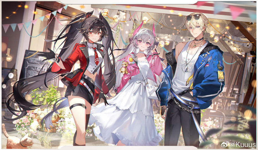1boy 2girls animal_charm animal_ears asymmetrical_legwear badge bag bag_bow bell belt belt_buckle belt_collar black_belt black_gloves black_pants black_skirt blonde_hair blue_eyes blue_jacket bow bracelet brown_hair buckle buttons cat chain_belt chair character_request chinese_commentary choker closed_mouth clothes_writing collar collarbone collared_jacket collared_shirt commentary_request cropped_shirt crossed_belts dog_tags door dress dutch_angle eyelashes eyewear_on_head fingerless_gloves frilled_dress frills garland_(decoration) gloves grey_bow grey_hair grey_socks grey_thighhighs hair_between_eyes hair_bow hair_intakes hair_ornament hairclip hand_in_pocket happy heart heart-shaped_buckle highres horse_ears indoors jacket jewelry kneehighs kuuus lapel_pin lapels leather leather_jacket light_particles lips long_hair long_sleeves looking_at_viewer medium_dress menu_board midriff miniskirt multicolored_hair multiple_belts multiple_girls navel necklace necktie notched_lapels open_clothes open_jacket outstretched_hand pants pectoral_cleavage pectorals pink_eyes pink_hair pink_jacket pink_lips plant pocket potted_plant puffy_long_sleeves puffy_sleeves punishing:_gray_raven red_eyes red_jacket red_necktie restaurant shirt short_hair shoulder_bag single_bare_shoulder single_kneehigh single_sock single_thighhigh skirt smile socks standing star_(symbol) star_necklace streaked_hair studded_belt sunglasses table tank_top thigh_belt thigh_strap thighhighs tile_floor tiles twintails very_long_hair waist_bow watermark weibo_watermark white_bag white_belt white_bow white_choker white_dress white_shirt white_tank_top wrist_belt x_hair_ornament
