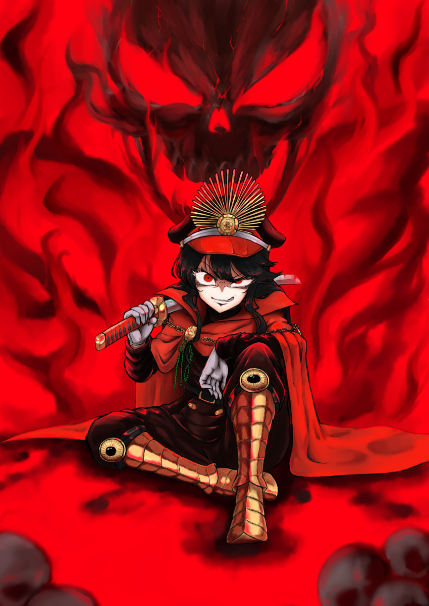 1girl absurdres black_hair cape fate/grand_order fate_(series) highres holding holding_sword holding_weapon katana kneeling looking_at_viewer majinno oda_nobunaga_(fate) red_background red_cape red_eyes sitting skull solo straight-on sword unsheathed weapon