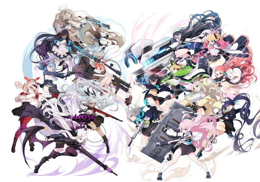 6+girls ahoge aiming akane_(blue_archive) ako_(blue_archive) animal_ears anti-materiel_rifle apron aris_(blue_archive) armband assault_rifle asuna_(blue_archive) aura ayane_(blue_archive) battle_rifle beretta_1301 beretta_ar70/90 black-framed_eyewear black_gloves black_hair blonde_hair blue_archive blue_hair bolt_action boys_anti_tank_rifle brown_hair bullpup check_weapon chinatsu_(blue_archive) cleaning_&amp;_clearing_(blue_archive) collage commentary_request dark-skinned_female dark_skin demon_horns famas fighting_stance fingerless_gloves floating_hair foreclosure_task_force_(blue_archive) game_development_department_(blue_archive) gatling_gun glasses gloves grenade_launcher grey_hair gun h&amp;k_g3 h&amp;k_g3 halo handgun highres hina_(blue_archive) holding holding_gun holding_shield holding_weapon horns hoshino_(blue_archive) iori_(blue_archive) jacket karin_(blue_archive) koflif luger_p08 m134_minigun m320 machine_gun maid maid_apron maid_headdress mauser_98 mauser_c96 mg42 midori_(blue_archive) momoi_(blue_archive) multiple_girls neru_(blue_archive) nonomi_(blue_archive) opposing_sides pantyhose pink_hair pointy_ears prefect_team_(blue_archive) railgun red-framed_eyewear red_armband rifle school_uniform serika_(blue_archive) shield shiroko_(blue_archive) shotgun sig_mpx sig_p228/p229 sig_sauer sig_sauer_556 simple_background sniper_rifle submachine_gun sukajan thighhighs two-sided_fabric two-sided_jacket weapon weapon_request welrod white_apron white_background white_jacket white_pantyhose white_thighhighs wolf_ears yuzu_(blue_archive)