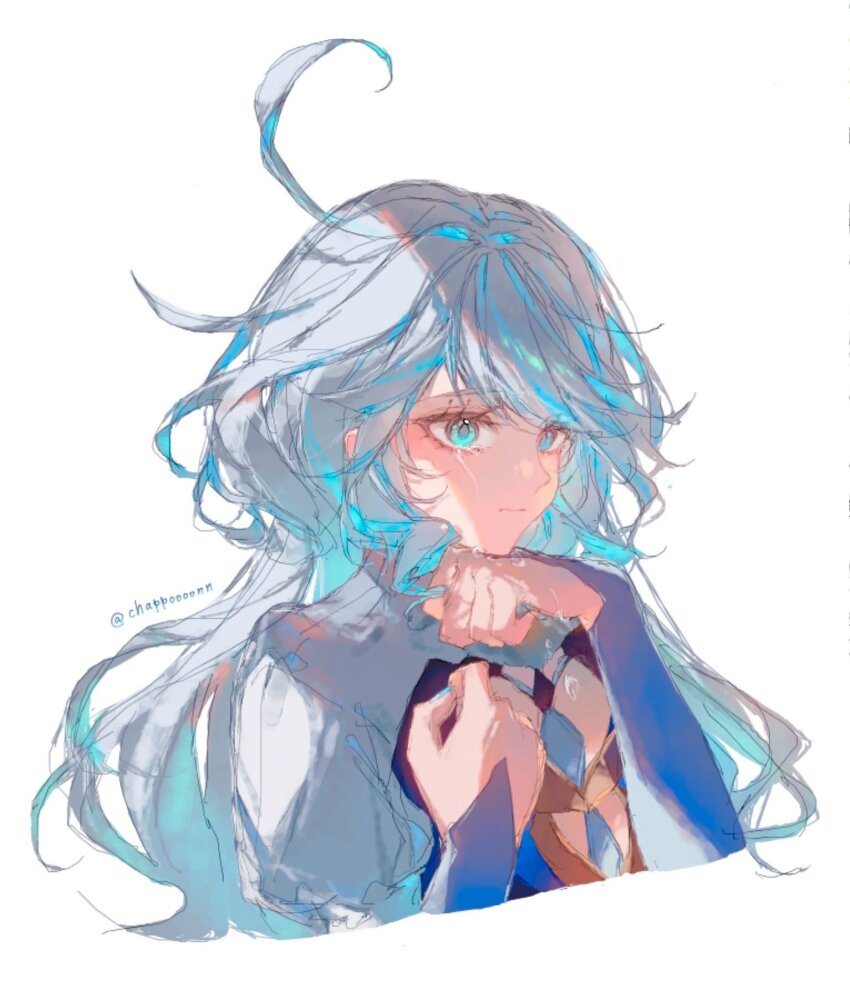 1girl ahoge aqua_eyes artist_name blue_dress blue_eyes blue_hair blue_nails chappoooonn clenched_hands closed_mouth dress fingernails furina_(genshin_impact) genshin_impact grey_hair hands_up heterochromia highres huge_ahoge juliet_sleeves long_hair long_sleeves looking_to_the_side multicolored_hair nail_polish puffy_sleeves sidelocks simple_background solo two-tone_dress two-tone_hair upper_body wavy_hair white_background white_dress
