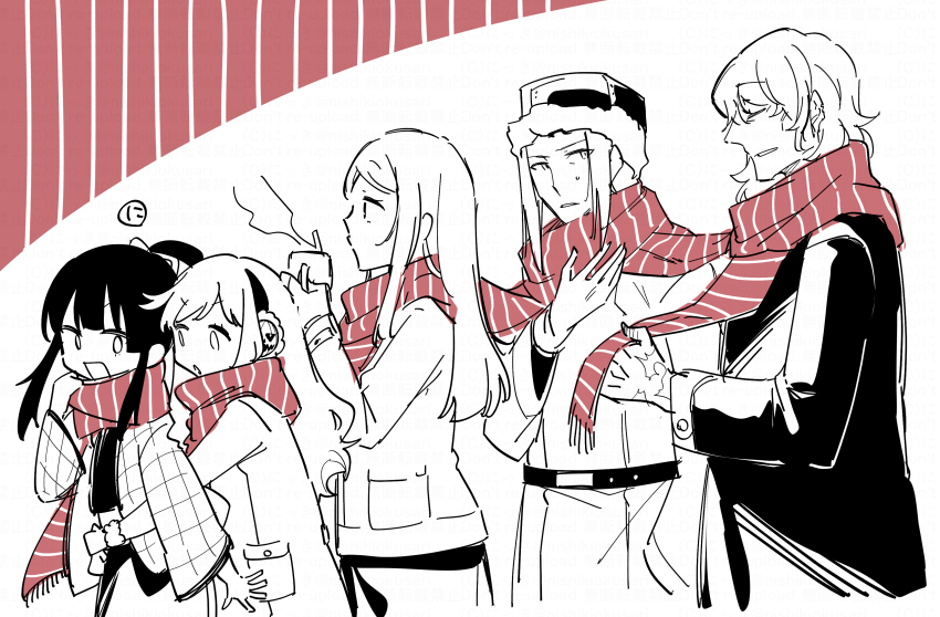 2boys 3girls 5girls absurdres bushidou_(sekaiju) bushidou_2_(sekaiju) coat cup curse_maker curse_maker_1 doctor_magus doctor_magus_4 earmuffs etrian_odyssey fringe_trim fur-trimmed_headwear fur_trim hand_up highres holding holding_cup jacket long_sleeves mug multiple_boys multiple_girls nikki_kyousuke open_mouth paladin_(sekaiju) paladin_2_(sekaiju) ponytail ranger_(sekaiju) ranger_1_(sekaiju) red_scarf scar scarf shared_clothes shared_scarf sidelocks small_sweatdrop striped_clothes striped_scarf sweat vertical-striped_clothes vertical-striped_scarf wide_sleeves
