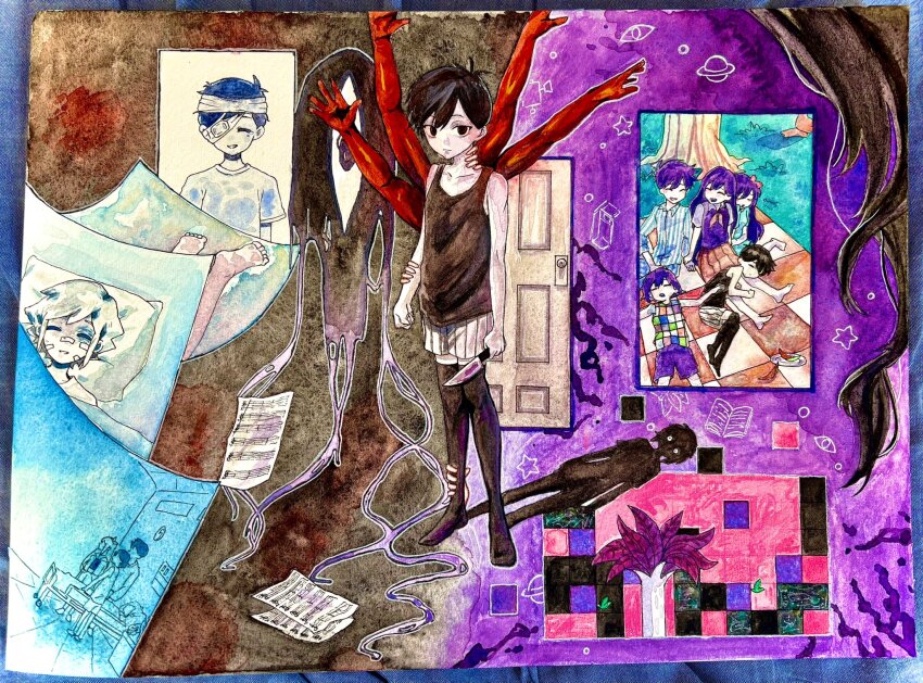 1boy antenna_hair aubrey_(faraway)_(omori) aubrey_(headspace)_(omori) aubrey_(omori) baikinnigou bandaged_head bandages bandaid bandaid_on_cheek bandaid_on_face bandaid_on_nose barefoot basil_(faraway)_(omori) basil_(hospital_gown)_(omori) basil_(omori) bed black_eyes black_hair black_skin black_tank_top black_thighhighs blanket blue_shirt blush bow brother_and_sister brothers bruise bruised_eye checkered_blanket checkered_clothes closed_eyes closed_mouth collarbone collared_shirt colored_skin commentary_request door double-parted_bangs eyepatch hair_between_eyes hair_bow head_on_pillow hero_(faraway)_(omori) hero_(headspace)_(omori) hero_(omori) highres holding holding_knife hospital_bed hospital_gown injury kel_(faraway)_(omori) kel_(headspace)_(omori) kel_(omori) knife long_hair looking_at_viewer mari_(headspace)_(omori) mari_(omori) medical_eyepatch neckerchief omori on_bed open_mouth pajamas pants parted_lips picnic_blanket pillow pink_bow pleated_skirt purple_hair purple_shorts purple_sweater_vest red_neckerchief red_skirt sheet_music shirt short_hair short_sleeves shorts siblings sidelocks skirt sleeping smile solo something_(omori) spoilers standing stranger_(omori) striped_clothes striped_pajamas striped_pants striped_shorts sunny_(hospital_gown)_(omori) sunny_(omori) sweater_vest t-shirt tank_top thighhighs traditional_media tree vertical-striped_clothes vertical-striped_pajamas vertical-striped_pants vertical-striped_shorts white_eyes white_shirt white_shorts white_skin