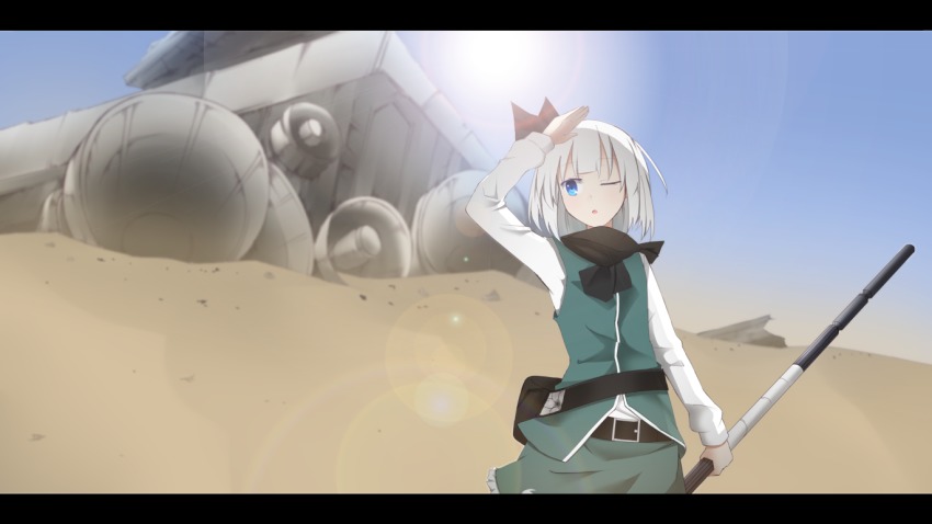 1girl arm_up bad_id bad_pixiv_id bag belt black_scarf blue_eyes blue_sky blurry collared_shirt cowboy_shot day depth_of_field desert female_focus frilled_skirt frills green_skirt green_vest hairband hot konpaku_youmu lens_flare letterboxed looking_to_the_side one_eye_closed open_mouth polearm sand satchel scarf shirt short_hair skirt skirt_set sky solo staff star_destroyer star_wars star_wars:_the_force_awakens sun touhou vest weapon white_hair white_shirt wreckage xialuluo_(sharuro)