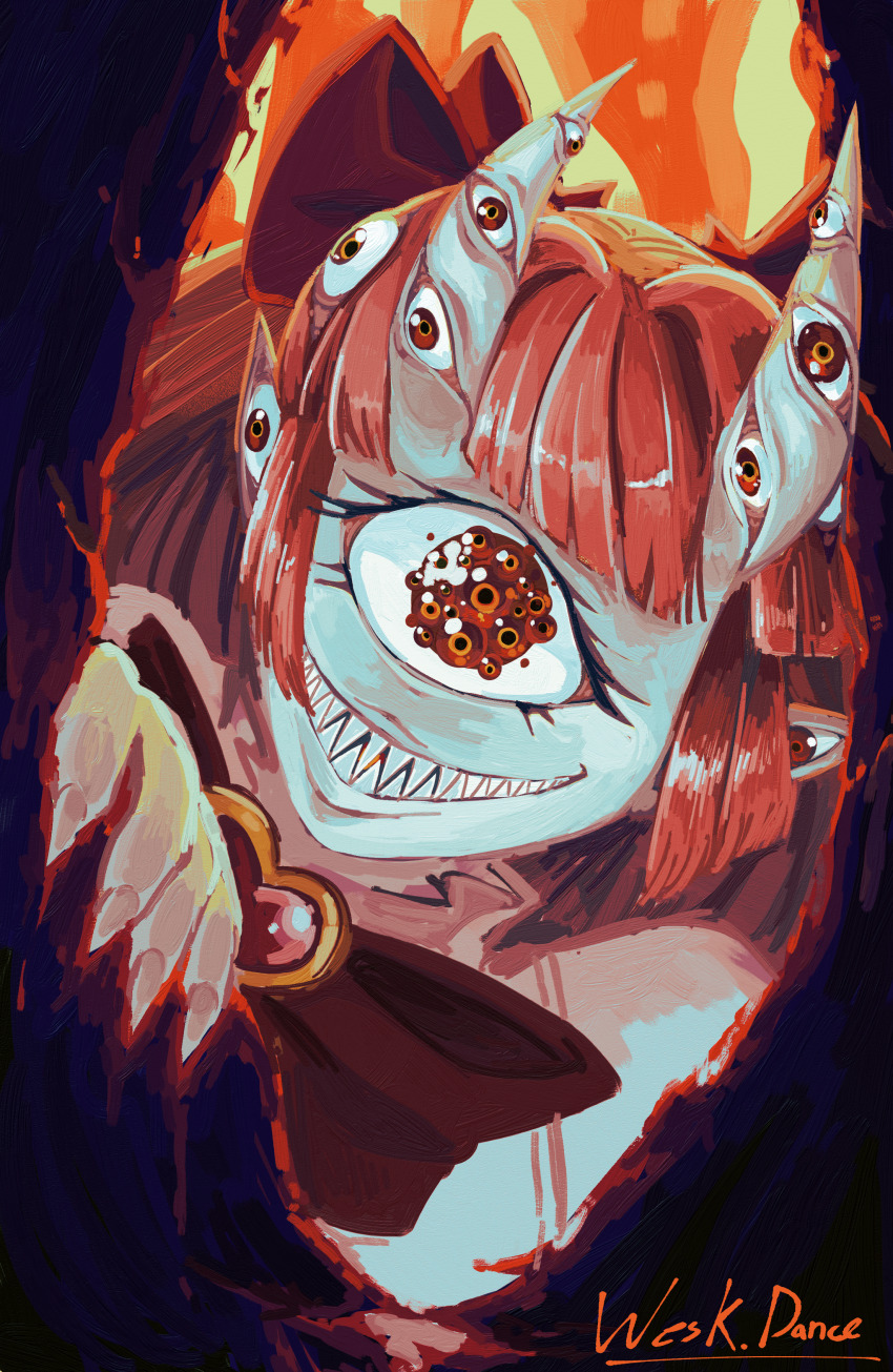 1girl absurdres black_bow blunt_bangs body_horror bow brooch cecilia_rosenkreutz commentary dark_foreground english_commentary extra_eyes extra_pupils fiery_background fingernails fire grin hair_bow head_tilt heart heart_brooch highres indie_virtual_youtuber jewelry long_hair looking_at_viewer one-eyed oni_girl pointy_ears red_hair sharp_fingernails sharp_teeth sidelocks smile solo teeth virtual_youtuber wes_k._dance