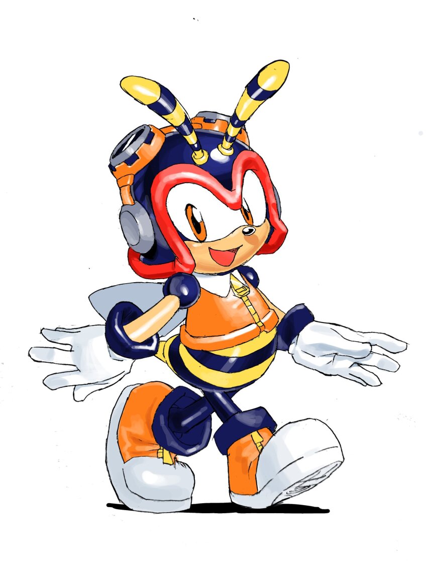 1boy animal_nose antennae arthropod_boy bee_boy charmy_bee full_body furry furry_male gloves helmet highres insect_wings jacket looking_at_viewer male_focus open_mouth orange_eyes orange_jacket orange_shoes shoes simple_background smile solo sonic_(series) standing tokiwa757 walking white_background white_gloves wings