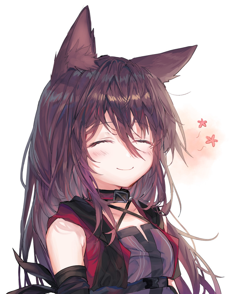 1girl 414_(hncx3355) ^_^ animal_ears arknights bare_shoulders black_vest cat_ears closed_eyes commentary_request hair_between_eyes highres long_hair melantha_(arknights) purple_hair purple_shirt shirt simple_background sleeveless sleeveless_shirt smile solo upper_body vest white_background