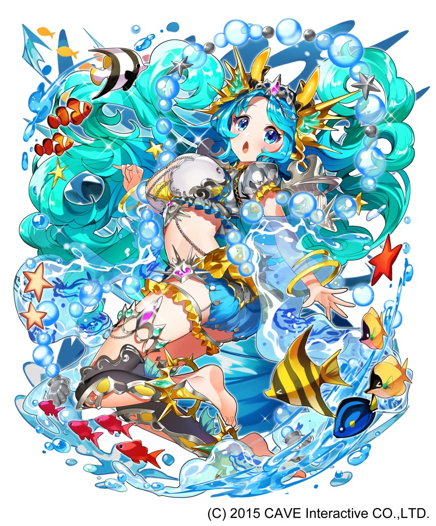1girl :o absurdly_long_hair absurdres air_bubble angelfish anklet aqua_hair barefoot black_legwear blue_eyes breasts bubble clownfish female_focus fish frills full_body gothic_wa_mahou_otome hair_ornament headpiece highres jewelry large_breasts long_hair looking_at_viewer masyu_yuyu midriff official_art parted_bangs seashell see-through_clothes see-through_sleeves shell shirt_sleeves solo sparkle starfish thigh_strap tiara tropical_fish very_long_hair water watermark