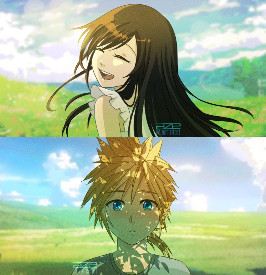 1boy 1girl aged_down azezazel black_hair blonde_hair blue_eyes blue_sky cloud cloud_strife cloudy_sky dress final_fantasy final_fantasy_vii final_fantasy_vii_remake highres long_hair looking_at_another low_ponytail open_mouth outdoors ponytail shirt sky smile spiked_hair t-shirt tifa_lockhart white_dress