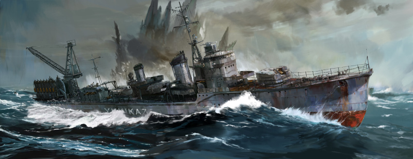 day destroyer dinosaur giant giant_monster godzilla godzilla_(minus_one) godzilla_(series) godzilla_minus_one highres kaiju mast military military_vehicle monster ocean outdoors overcast revision sea_monster ship sky smokestack spikes spines takeshima_satoshi toho vehicle_focus warship watercraft waves yukikaze_(destroyer)