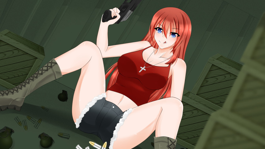 1girl :p blue_eyes boots breasts bullet commentary_request commission commissioner_upload crate crop_top denim denim_shorts explosive female_focus grenade gun handgun jewelry large_breasts long_hair midriff original pendant red_hair saoirse_(stormwyrm) shorts sinfultofu sitting solo spread_legs stormwyrm the_incarnation_of_hatsune_miku tongue tongue_out weapon