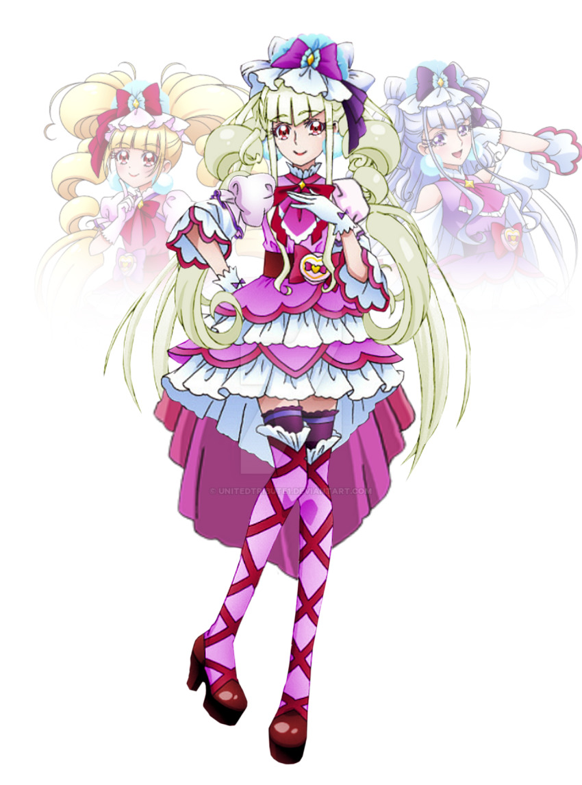 1girl cure_amour cure_macherie drill_hair earrings fusion gloves heart_pouch highres hugtto!_precure jewelry long_fall_boots precure red_eyes twin_drills twintails unitedtribute1 white_gloves