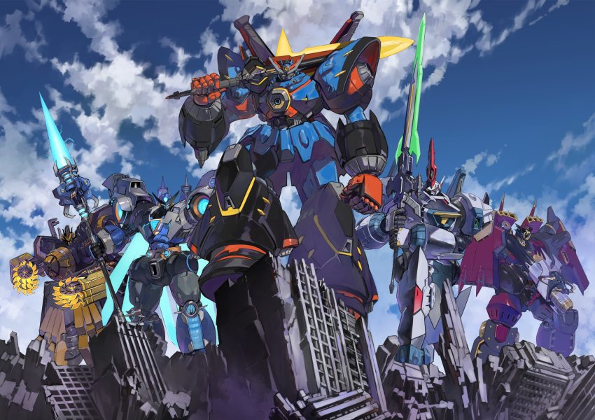 cloud energy_weapon green_eyes gun highres holding holding_gun holding_polearm holding_sword holding_weapon lance looking_at_viewer mecha mecha_request megaton_musashi musashi_(megaton_musashi) no_humans official_art over_shoulder polearm robot science_fiction shimizu_eiichi shimoguchi_tomohiro sky sword v-fin weapon weapon_over_shoulder