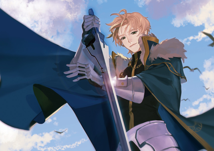 1boy absurdres animal armor bird black_gloves blonde_hair blue_cape blue_eyes cape cloud collared_cape excalibur_galatine_(fate) fate/extra fate/grand_order fate_(series) fur_collar gauntlets gawain_(fate) gloves highres holding holding_sword holding_weapon knight knights_of_the_round_table_(fate) light_smile long_sleeves looking_at_viewer male_focus scupid short_hair sky smile solo sword weapon