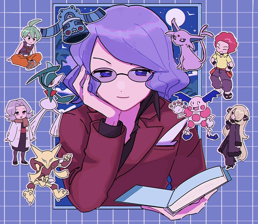 2girls 3boys aaron_(pokemon) alakazam bertha_(pokemon) black_shirt blue_eyes book bronzong chibi chibi_inset closed_mouth collared_shirt cynthia_(pokemon) eneko_(olavcnkrpucl16a) espeon flint_(pokemon) gallade gen_1_pokemon gen_2_pokemon gen_4_pokemon glasses hand_up head_rest highres holding holding_book jacket looking_at_viewer mr._mime multiple_boys multiple_girls nintendo outline pokemon pokemon_dppt purple_hair red_jacket shirt smile will_(pokemon)