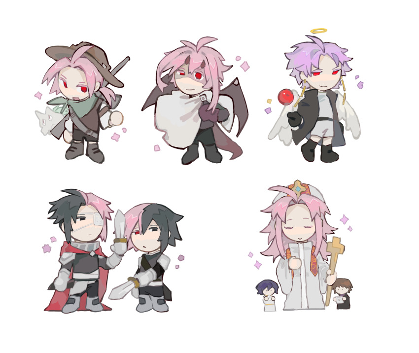 6+boys absurdres ahoge alternate_costume angel angel_wings apple armor black_boots black_coat black_gloves black_pants blue_hair boots brown_hair brown_hat brown_vest brown_wings cape chinese_commentary cloak closed_eyes closed_mouth coat colored_eyelashes commentary_request cross curtained_hair deformed dita_iliner dragon_boy dragon_horns dragon_tail dragon_wings eyepatch food fruit gloves godzylla_(saibou_shinkyoku) grey_boots gun gun_on_back halo hand_on_own_chest harada_minoru hat hatsutori_hajime highres holding holding_cross holding_sword holding_weapon horns lei_renqun_xing_shanyao_shi long_hair long_sleeves male_focus medical_eyepatch multicolored_hair multiple_boys mutsushika_misumi nanami_izu nijou_ryuu open_clothes open_coat open_mouth pants parted_bangs parted_lips pink_hair pope priest red_cape red_coat red_eyes rifle saibou_shinkyoku shirt shorts simple_background smile split-color_hair stole sword tail theodore_riddle triangle_mouth two-tone_hair uneven_eyes utsugi_noriyuki vest weapon weapon_on_back white_background white_cloak white_coat white_hat white_shirt white_shorts white_wings wide_sleeves wings