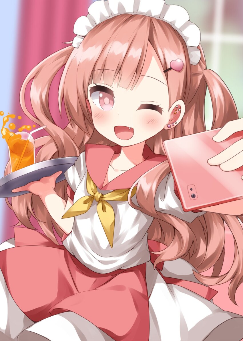 1girl ;d apron blunt_bangs blurry blurry_background blush bright_pupils cellphone collarbone commentary cowboy_shot cup drinking_glass drinking_straw fang hair_ornament hairclip highres holding holding_phone holding_tray juice kitanai_kimi_ga_ichiban_kawaii long_hair looking_at_viewer miyazono_ichika neckerchief one_eye_closed open_mouth orange_juice parted_bangs phone pink_eyes pink_hair red_apron red_sailor_collar ruu_(tksymkw) sailor_collar school_uniform serafuku shirt short_sleeves skirt smartphone smile solo tray two_side_up waist_apron white_shirt white_skirt yellow_neckerchief