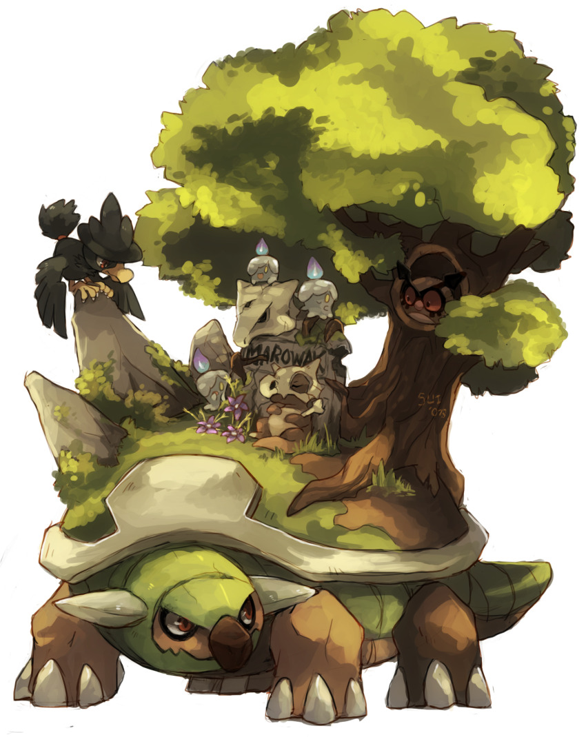 animal_focus artist_name bird black_eyes blank_eyes blue_fire bone character_name claws closed_eyes closed_mouth colored_sclera cubone english_text fire flower full_body gen_1_pokemon gen_2_pokemon gen_4_pokemon gen_5_pokemon grass hand_to_own_mouth happy highres holding holding_bone hoothoot litwick looking_at_another marowak moss murkrow nintendo no_humans open_mouth pokemon pokemon_(creature) purple_fire purple_flower red_sclera rock signature sitting skull skull_on_head sleeping smile standing suikuzu tombstone torterra tree tree_hollow u_u yellow_eyes