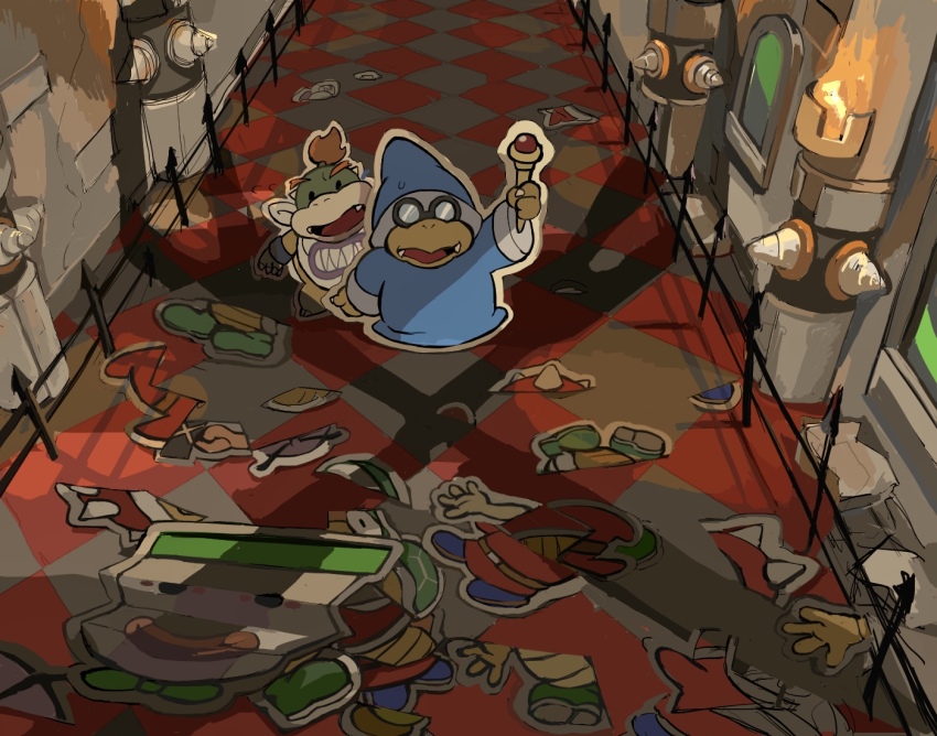 2boys arm_up bandana blue_headwear blue_robe bowser_jr. bracelet claws commentary_request fangs fire flying_sweatdrops glasses goomba hallway hammer_bro hat hiding hiding_behind_another holding holding_wand jewelry junior_clown_car kamek koopa_troopa long_sleeves mario_(series) multiple_boys nervous nintendo opaque_glasses open_mouth paper paper_mario paper_mario:_the_origami_king red_hair rinabee_(rinabele0120) robe round_eyewear scissors_(paper_mario) shadow shy_guy solid_circle_eyes spikes spiny sweatdrop wand white_bandana