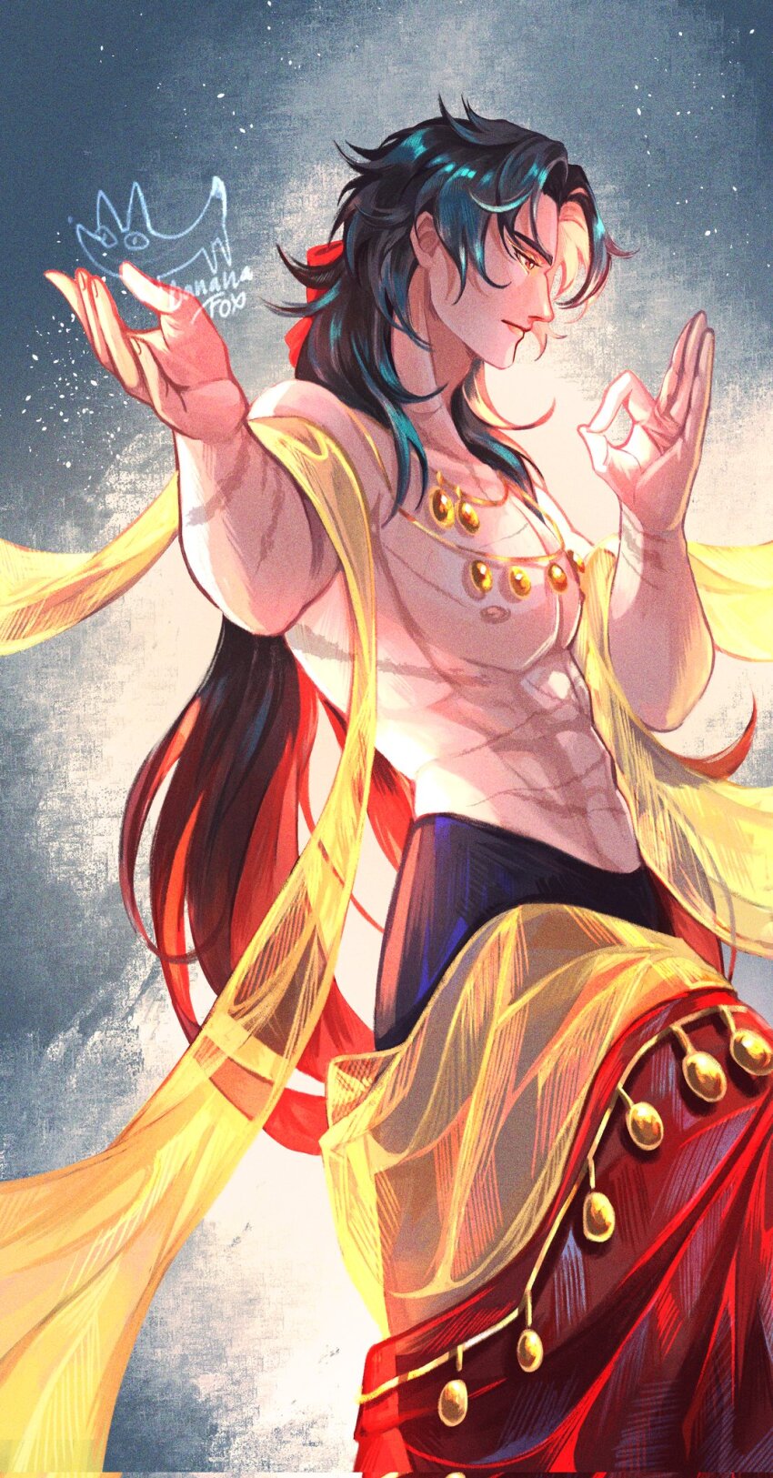1boy abs alternate_costume arabian_clothes blade_(honkai:_star_rail) colored_inner_hair green_hair hagoromo hands_up highres honkai:_star_rail honkai_(series) jewelry lillin20092000 long_hair male_focus multicolored_hair necklace nipples ok_sign pectorals red_shawl ribbon scar scar_on_arm scar_on_chest scar_on_stomach shawl solo topless_male yellow_eyes
