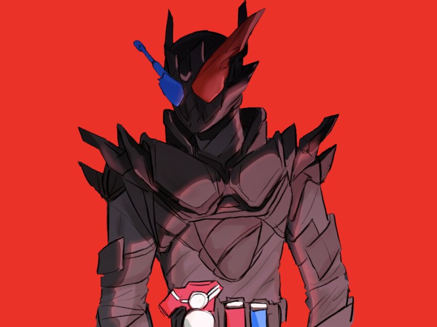 1boy armor asymmetrical_armor belt black_armor black_bodysuit blue_eyes bodysuit build_driver commentary_request compound_eyes dddiring99 fullbottle gloves glowing glowing_eyes hazard_trigger helmet heterochromia highres kamen_rider kamen_rider_build kamen_rider_build_(series) korean_commentary looking_at_viewer male_focus rabbit+tank_form_(black_hazard) rabbit_fullbottle red_eyes rider_belt science_fiction shoulder_armor shoulder_spikes solo spikes standing tank_fullbottle tokusatsu upper_body