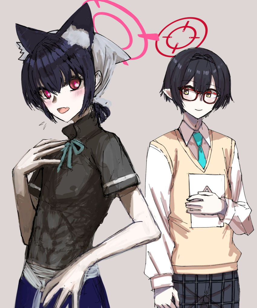2boys abs adapted_costume alternate_hair_length alternate_hairstyle animal_ear_fluff animal_ears aqua_necktie aqua_ribbon ayane_(blue_archive) black_hair blue_archive blush braid cat_boy cat_ears closed_mouth commentary_request covered_erect_nipples crosshair crown_braid fang fumino5jyo genderswap genderswap_(ftm) glasses grey_background grey_pants hair_between_eyes hair_intakes halo hand_on_own_chest hand_up headscarf highres impossible_clothes long_hair long_sleeves looking_to_the_side low_ponytail male_focus multiple_boys neck_ribbon necktie official_alternate_costume open_mouth pants paper pink_eyes pink_halo plaid_clothes plaid_pants pointy_ears ponytail popped_collar rectangular_eyewear red-framed_eyewear red_halo ribbon school_uniform serika_(blue_archive) shirt short_hair short_ponytail short_sleeves simple_background skin_fang sleeve_cuffs smile sweater_vest tenugui tight_clothes tight_shirt upper_body very_short_hair waiter white_shirt wing_collar yellow_eyes yellow_sweater_vest