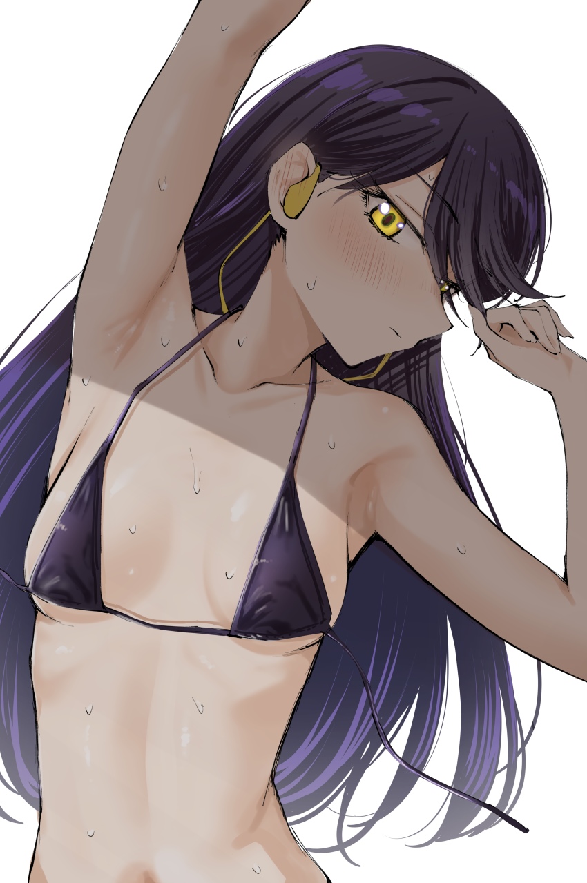 1girl absurdres arm_up armpits bikini black_bikini blue_hair blush breasts commentary gundam gundam_gquuuuuux headphones highres kitaku_(nakamachi_machi) long_hair looking_at_viewer nyaan_(gundam_gquuuuuux) simple_background small_breasts solo swimsuit upper_body white_background yellow_eyes