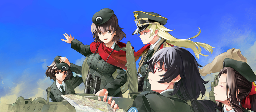 5girls absurdres aged_up akiyama_yukari beret binoculars black_bow black_bowtie black_eyes black_hair black_hat black_jacket black_necktie blonde_hair blue_sky bow bowtie brown_eyes brown_hair brown_jacket caesar_(girls_und_panzer) clear_sky closed_eyes closed_mouth day dress_shirt emblem erwin_(girls_und_panzer) frown girls_und_panzer goggles goggles_on_headwear green_hat hair_ribbon hair_tie hand_on_headwear hat highres inou_takashi jacket jacket_on_shoulders japanese_tankery_league_(emblem) long_hair long_sleeves looking_at_another looking_at_viewer low_ponytail messy_hair military_hat military_uniform multiple_girls necktie oryou_(girls_und_panzer) outdoors peaked_cap ponytail red-framed_eyewear red_ribbon red_scarf ribbon saemonza_(girls_und_panzer) scarf selection_university_(emblem) selection_university_military_uniform semi-rimless_eyewear shirt short_hair sky smile straight_hair tank_cupola under-rim_eyewear white_shirt wind